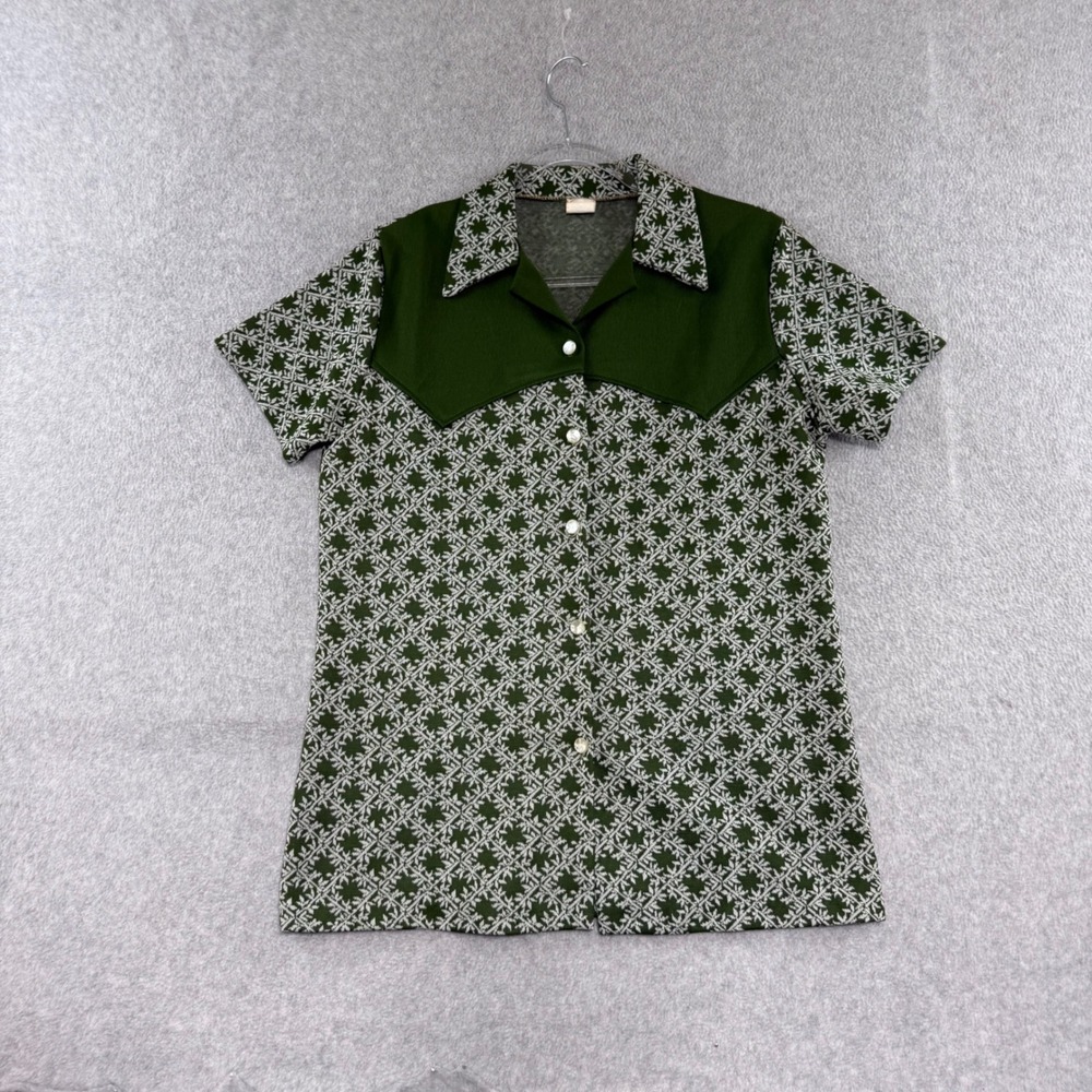 Vintage 70s Double Knit Snowflake Shirt Womens M Green Western Disco Collar